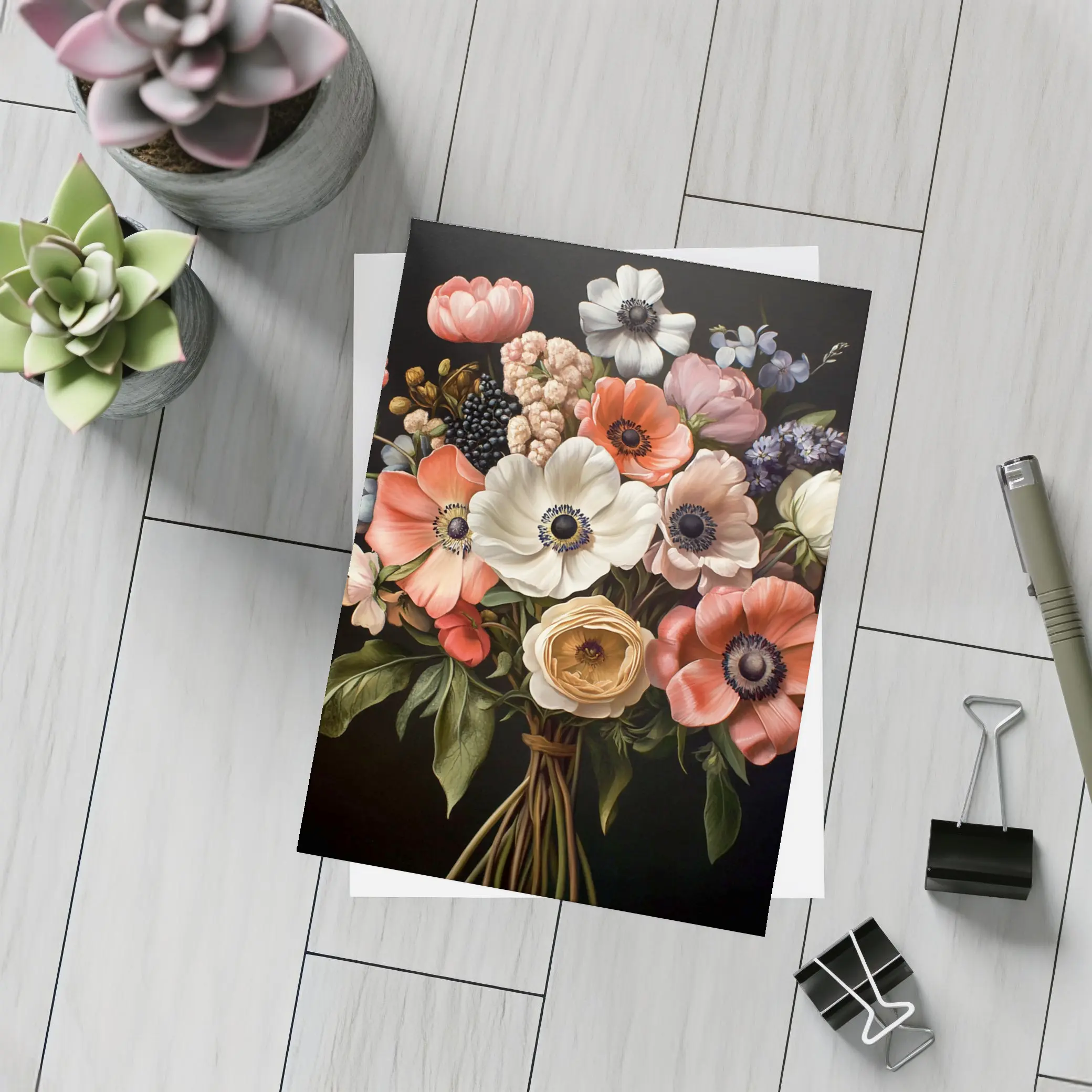 Anemone Bouquet Dark Background Botanical Painting – Postcards