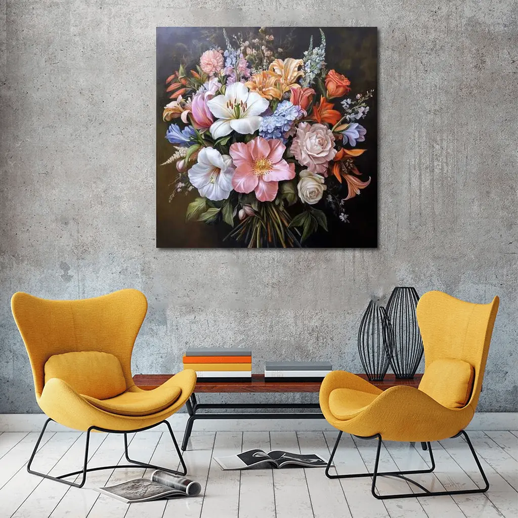 Mixed Flower Bouquet Dark Background Oil Painting – Wall Art