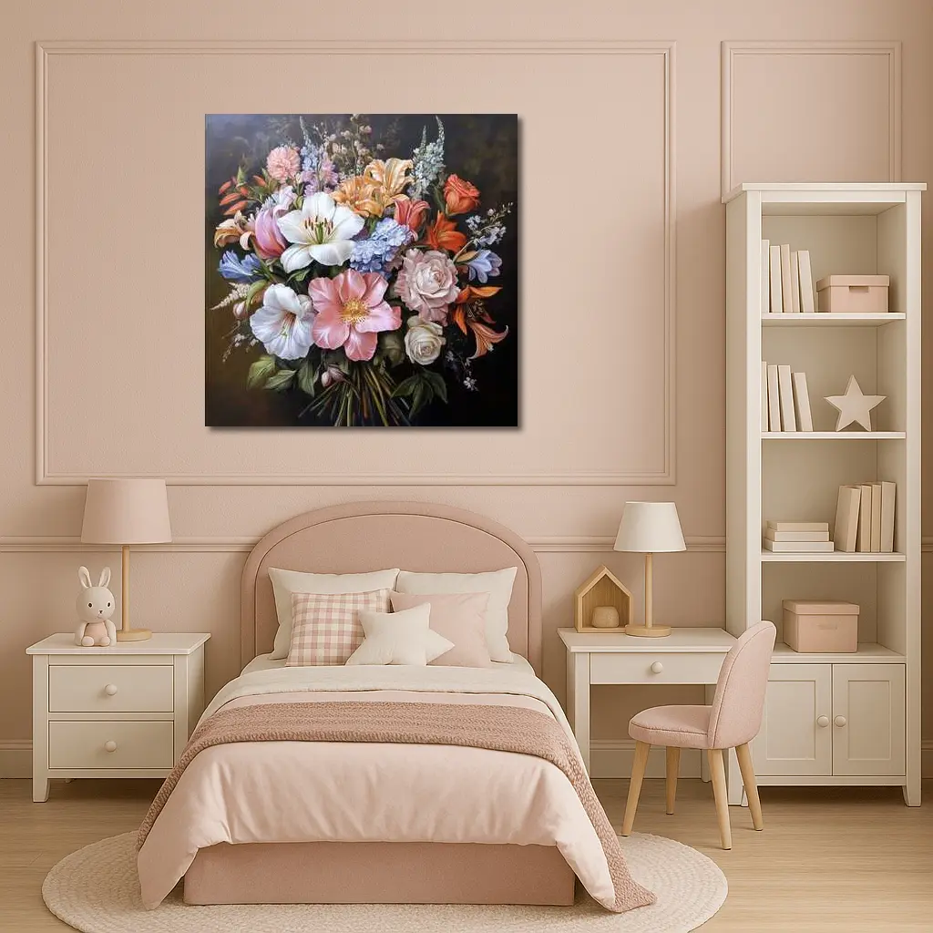 Mixed Flower Bouquet Dark Background Oil Painting – Wall Art