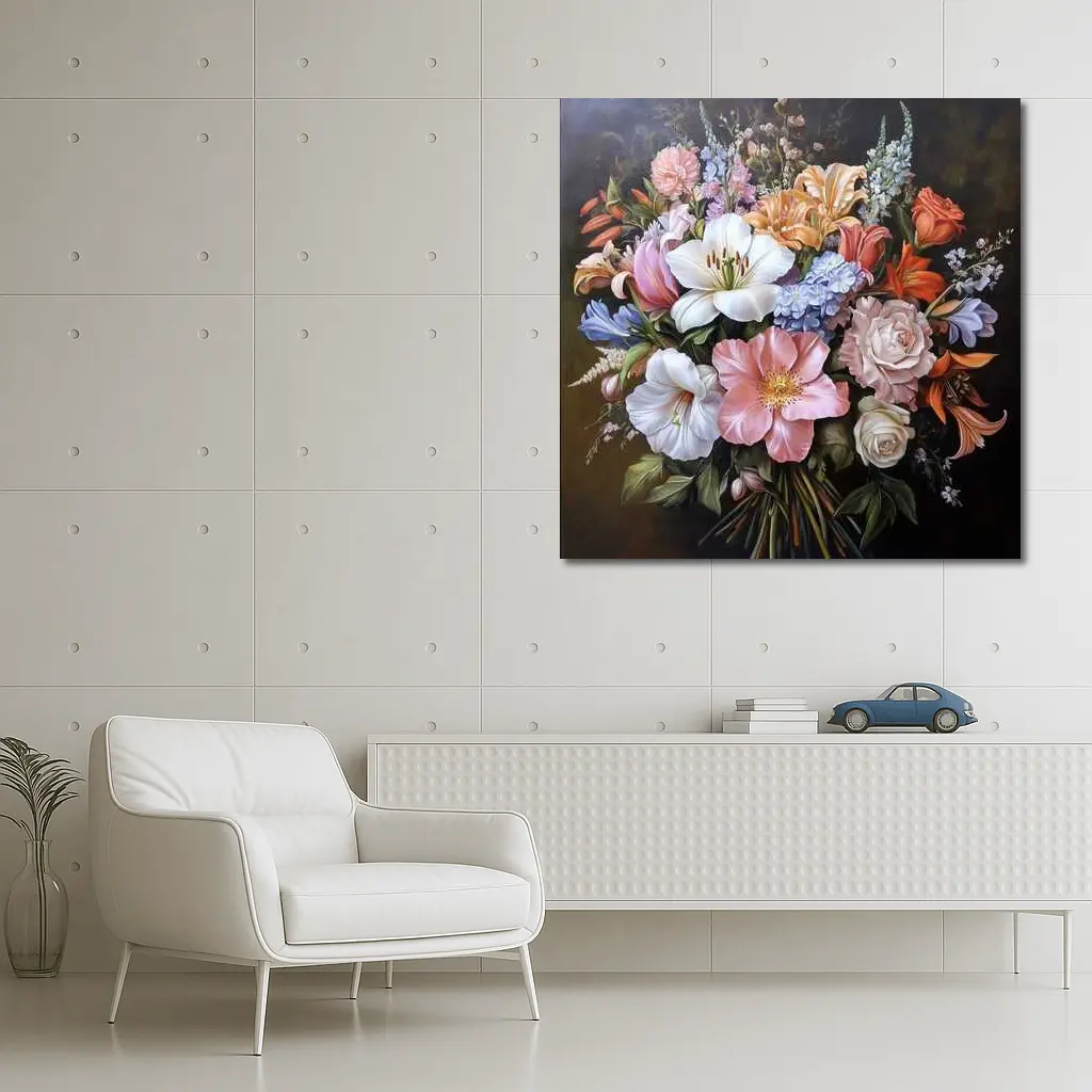 Mixed Flower Bouquet Dark Background Oil Painting – Wall Art