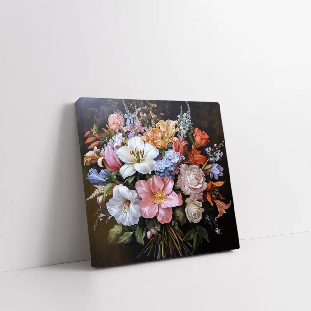 Mixed Flower Bouquet Dark Background Oil Painting – Wall Art