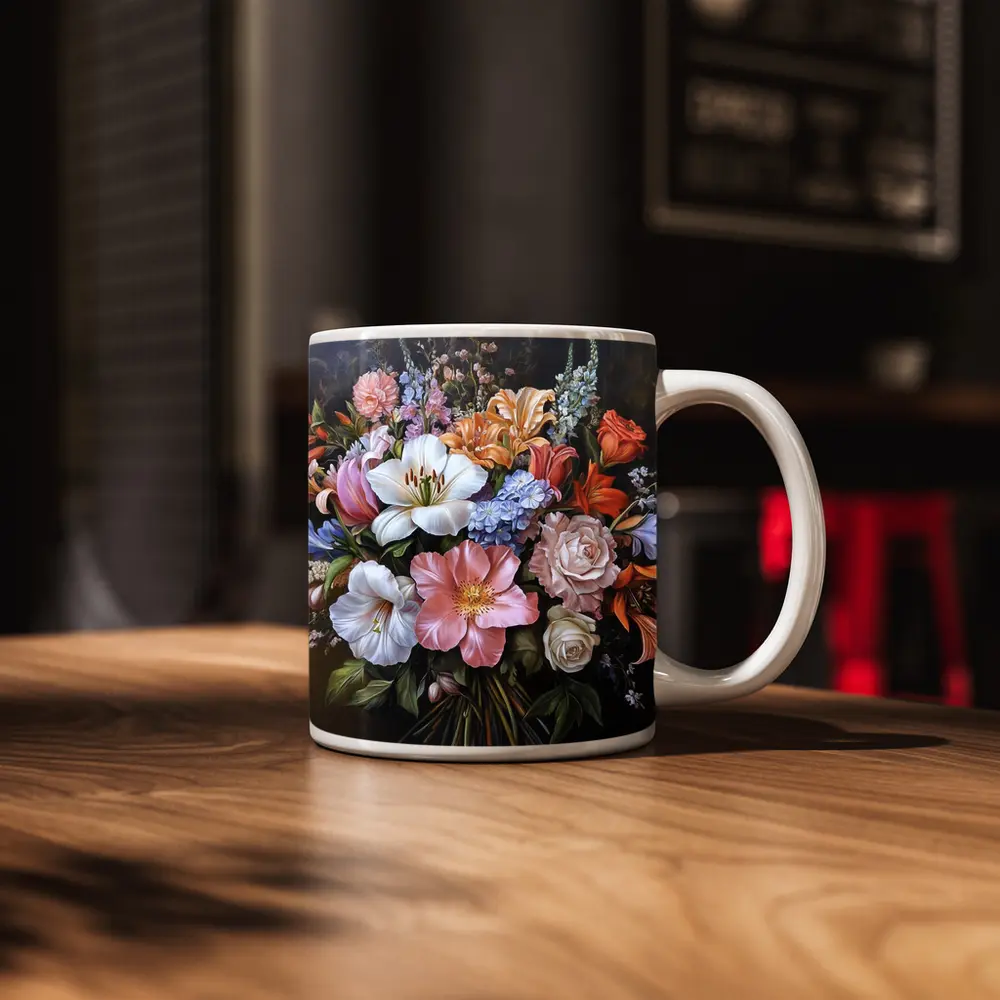 Mixed Flower Bouquet Dark Background Oil Painting – Mugs