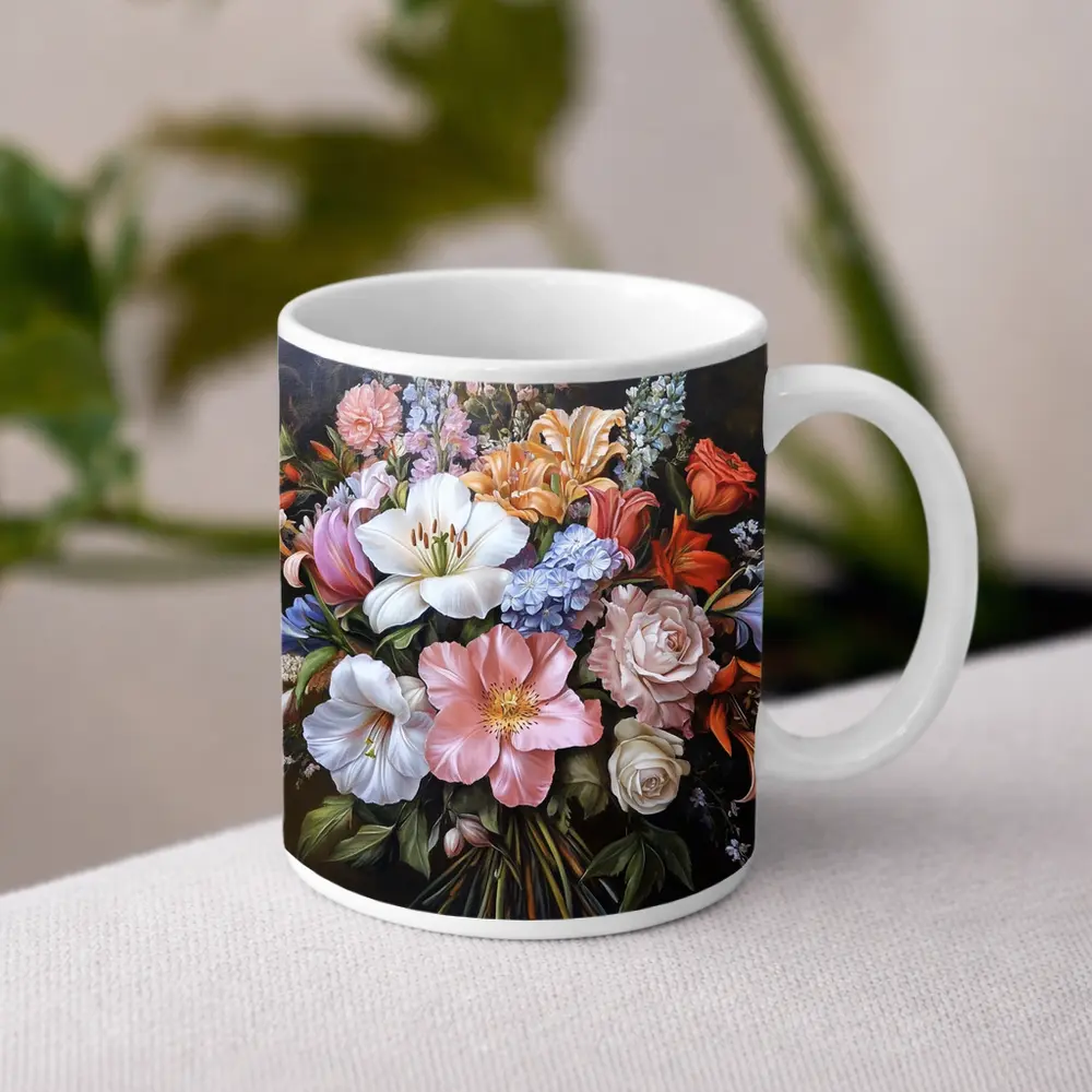 Mixed Flower Bouquet Dark Background Oil Painting – Mugs