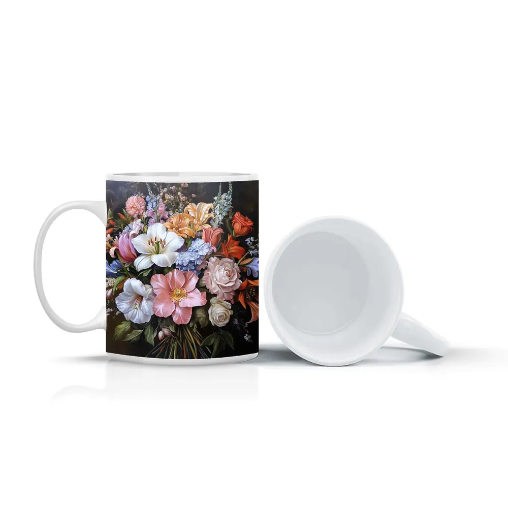 Mixed Flower Bouquet Dark Background Oil Painting – Mugs