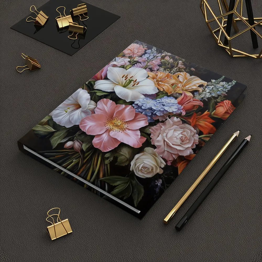 Mixed Flower Bouquet Dark Background Oil Painting – Notebooks