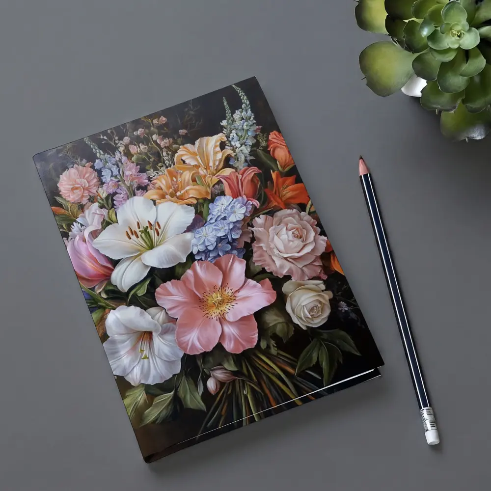 Mixed Flower Bouquet Dark Background Oil Painting – Notebooks