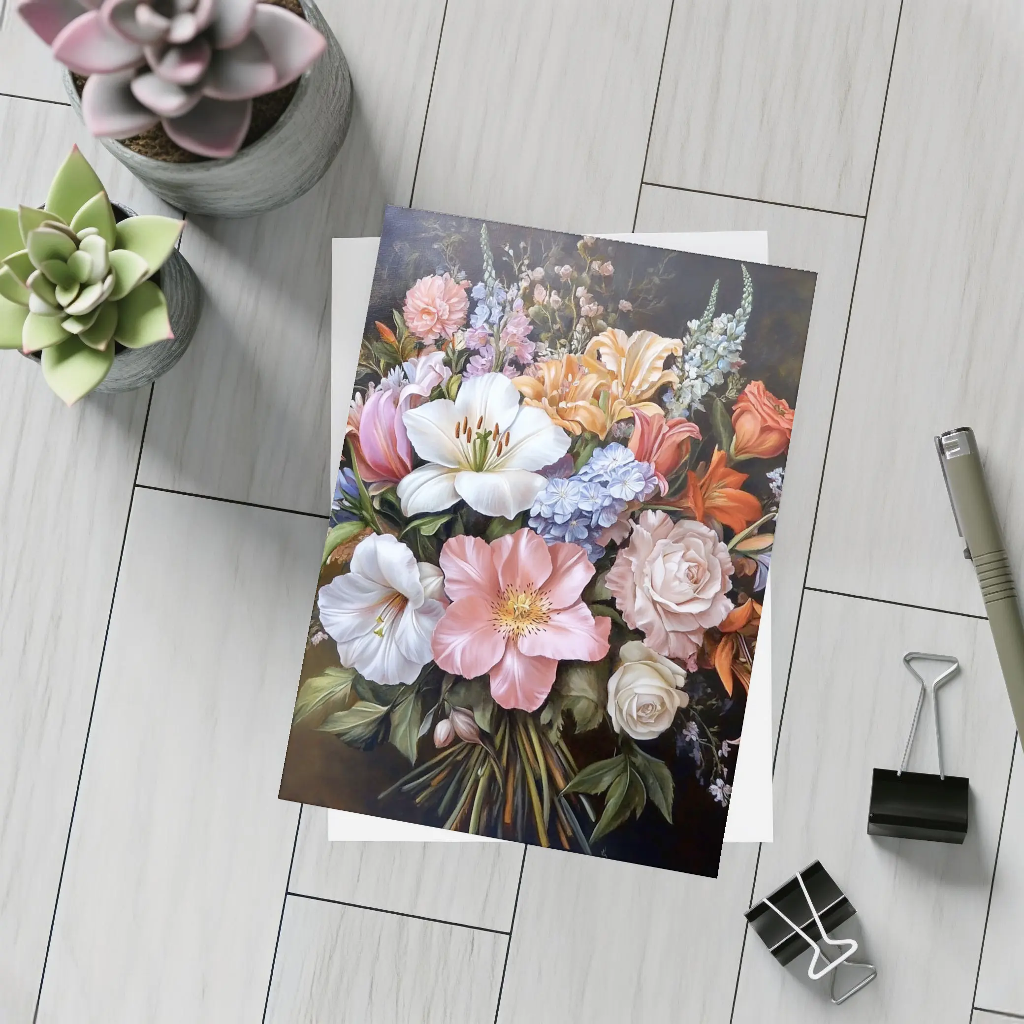 Mixed Flower Bouquet Dark Background Oil Painting – Postcards