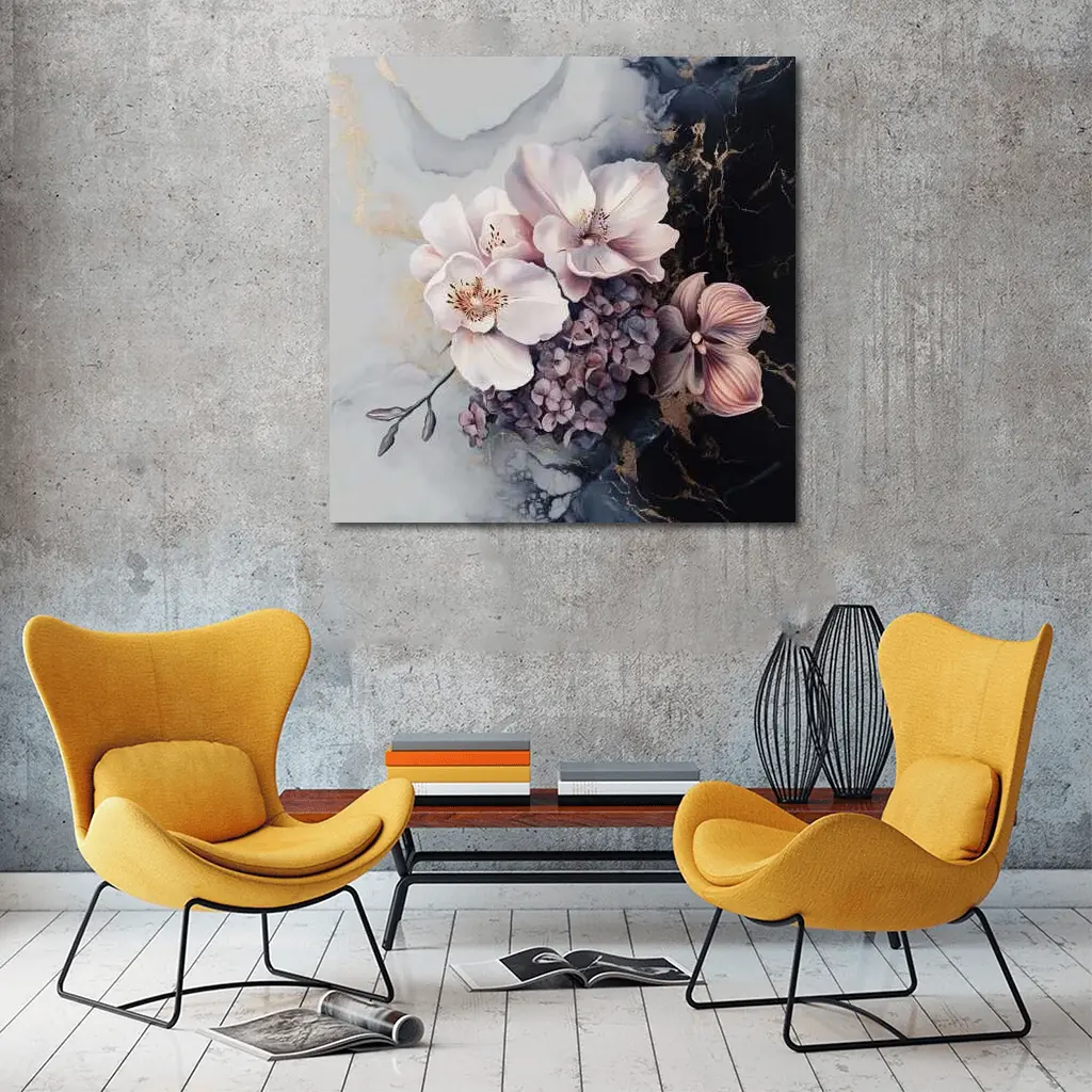 Pink Orchids Hydrangeas Dark Marble Gold Background – Wall Art
