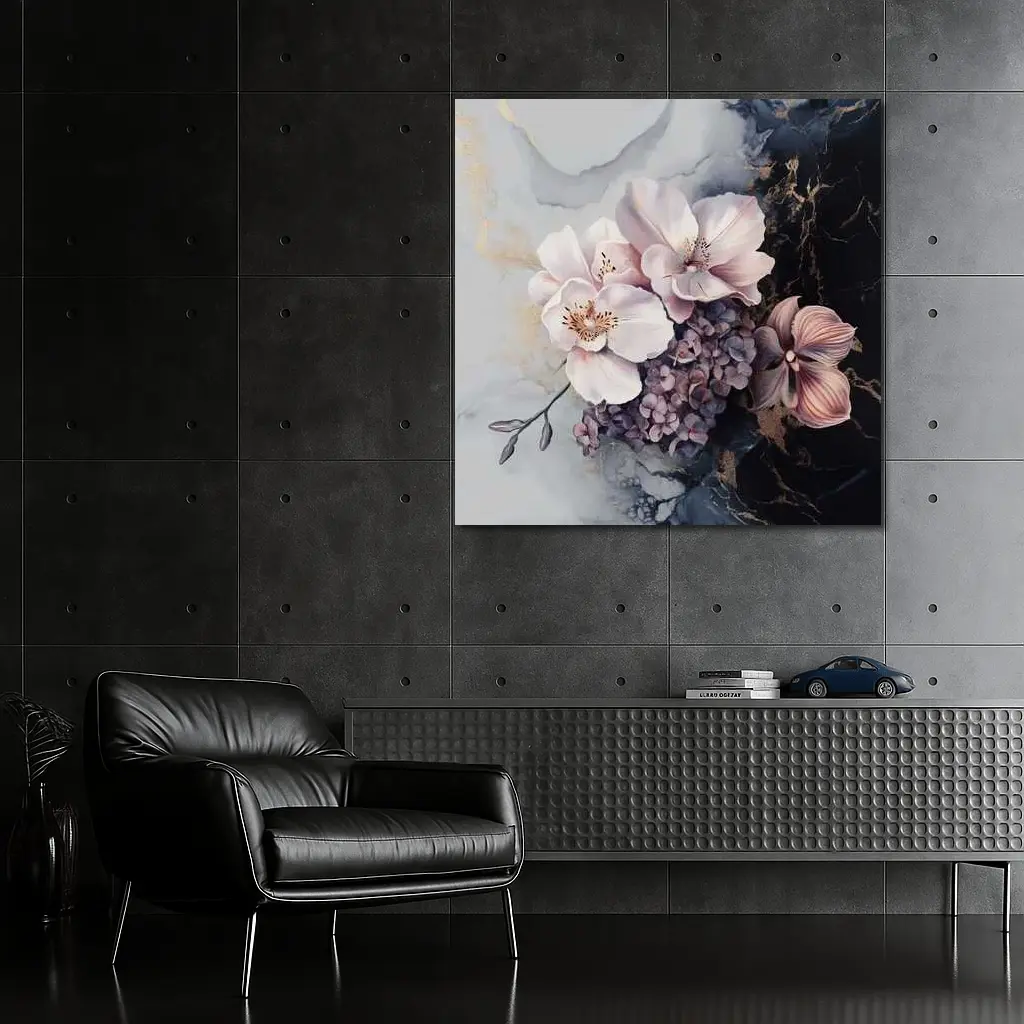 Pink Orchids Hydrangeas Dark Marble Gold Background – Wall Art