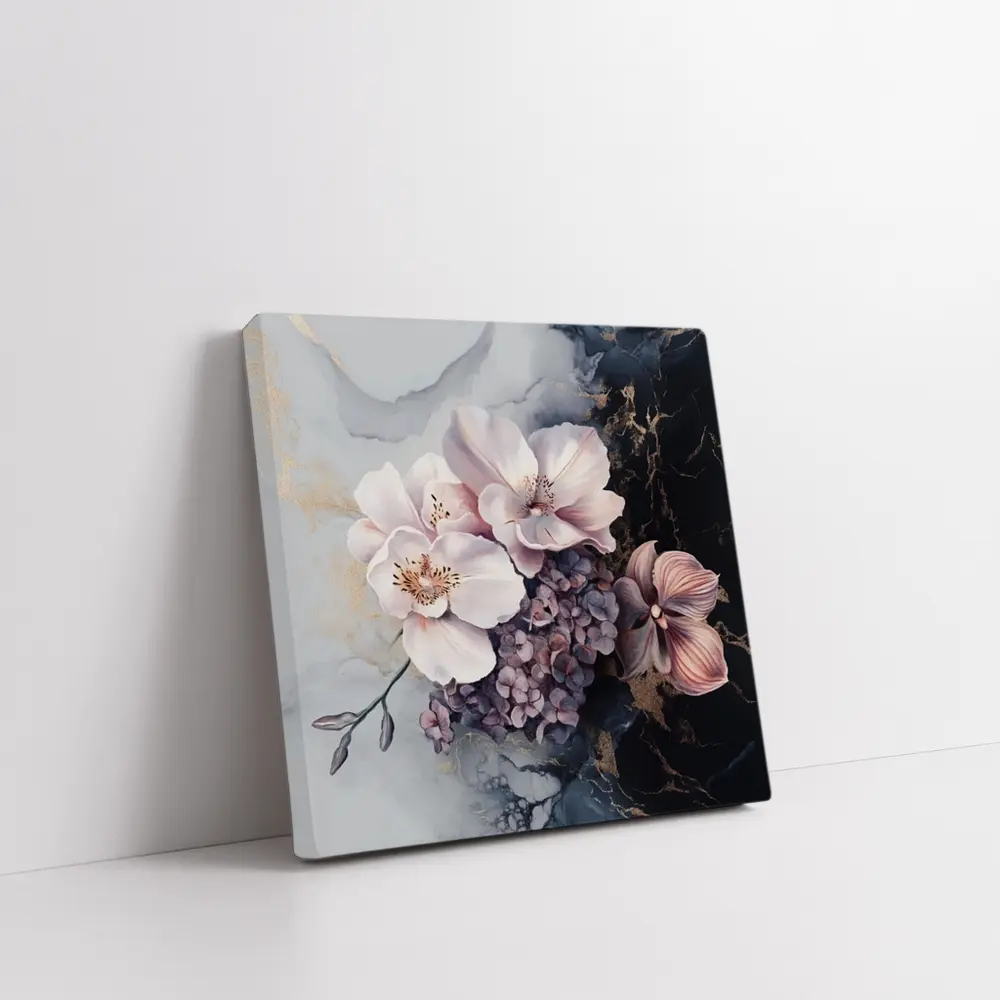 Pink Orchids Hydrangeas Dark Marble Gold Background – Wall Art