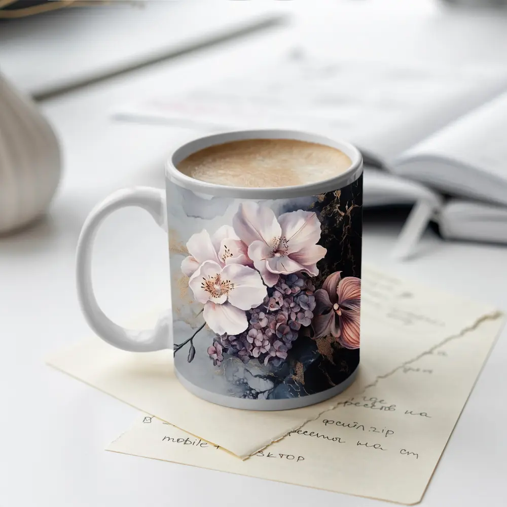 Pink Orchids Hydrangeas Dark Marble Gold Background – Mugs