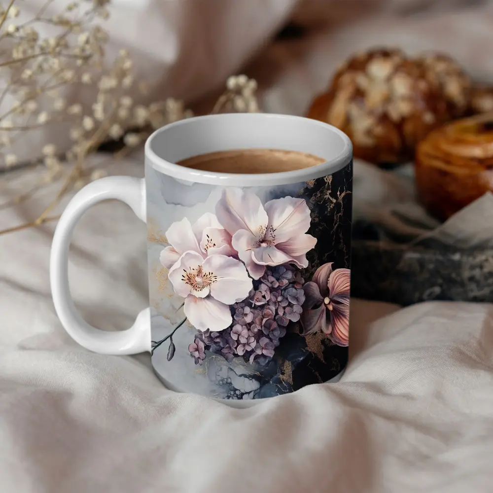 Pink Orchids Hydrangeas Dark Marble Gold Background – Mugs