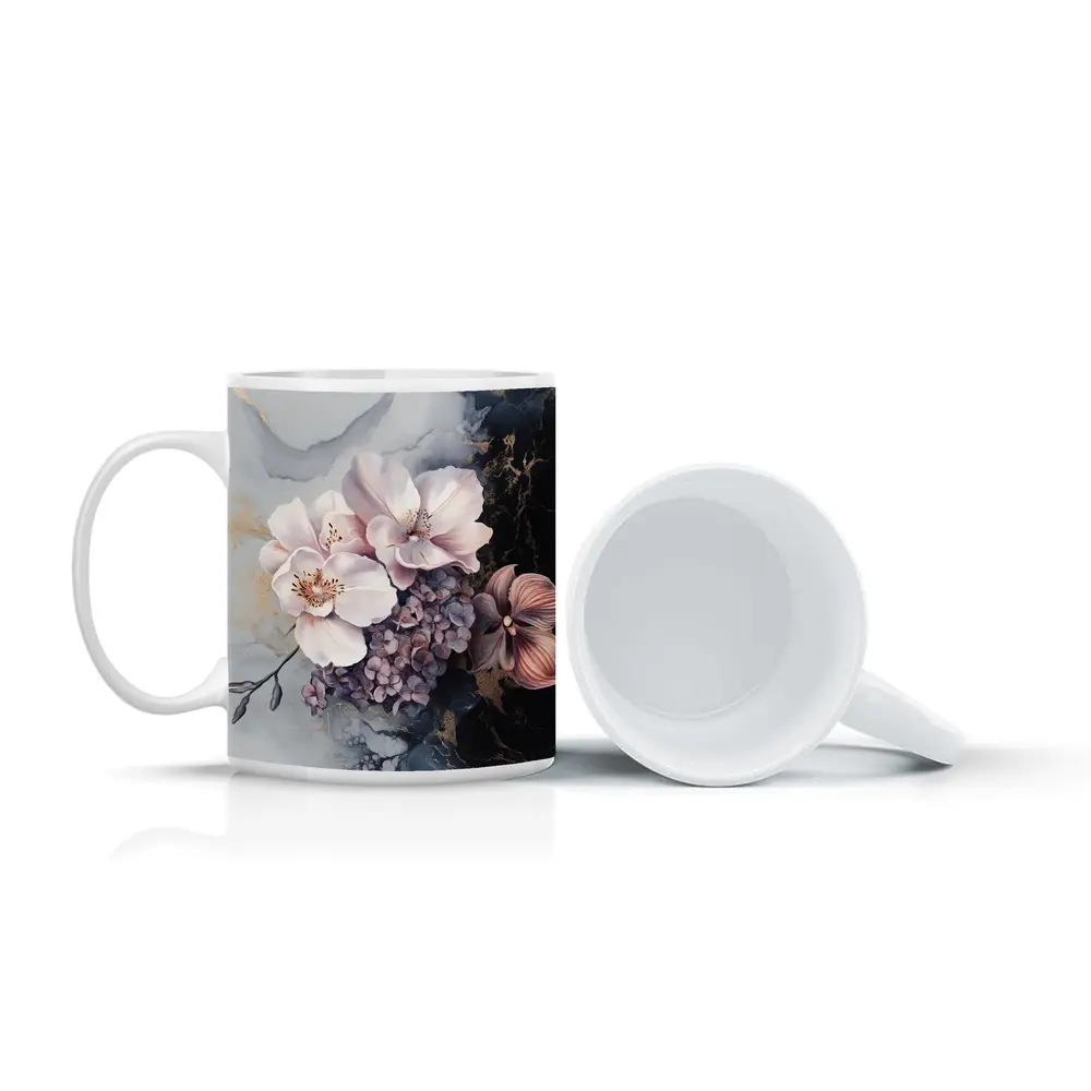 Pink Orchids Hydrangeas Dark Marble Gold Background – Mugs