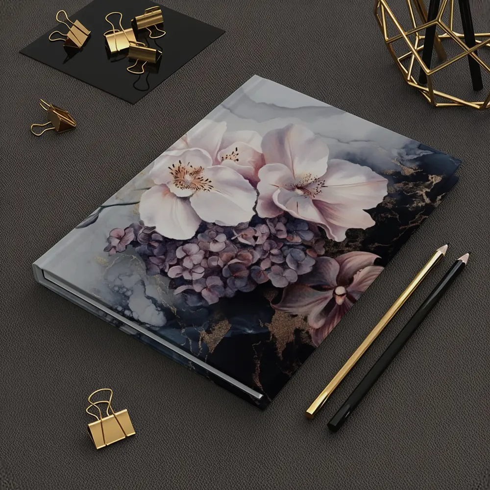 Pink Orchids Hydrangeas Dark Marble Gold Background – Notebooks
