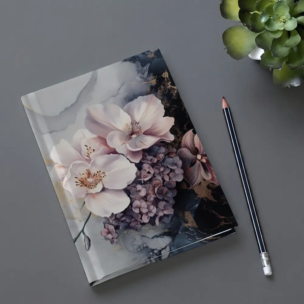 Pink Orchids Hydrangeas Dark Marble Gold Background – Notebooks