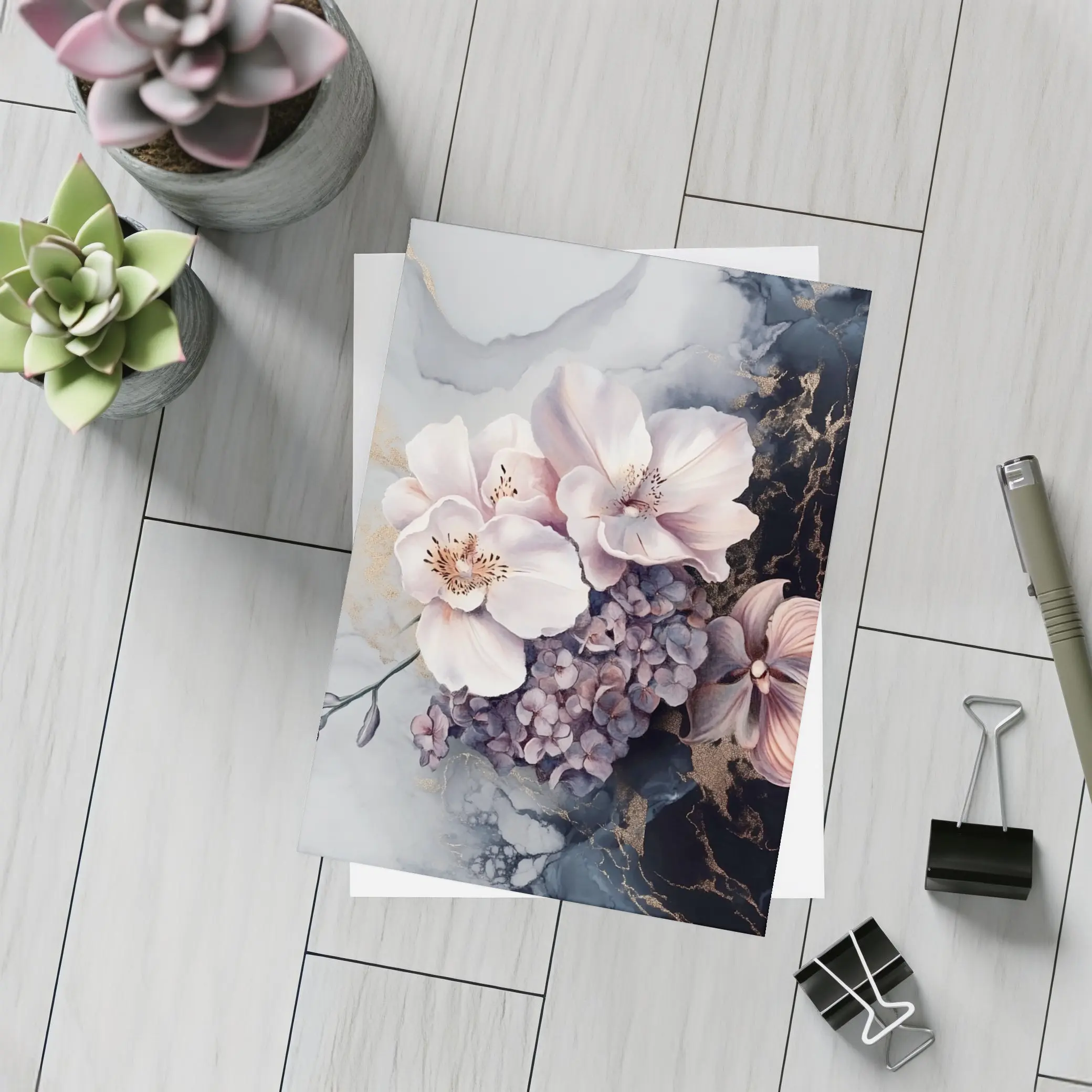 Pink Orchids Hydrangeas Dark Marble Gold Background – Postcards