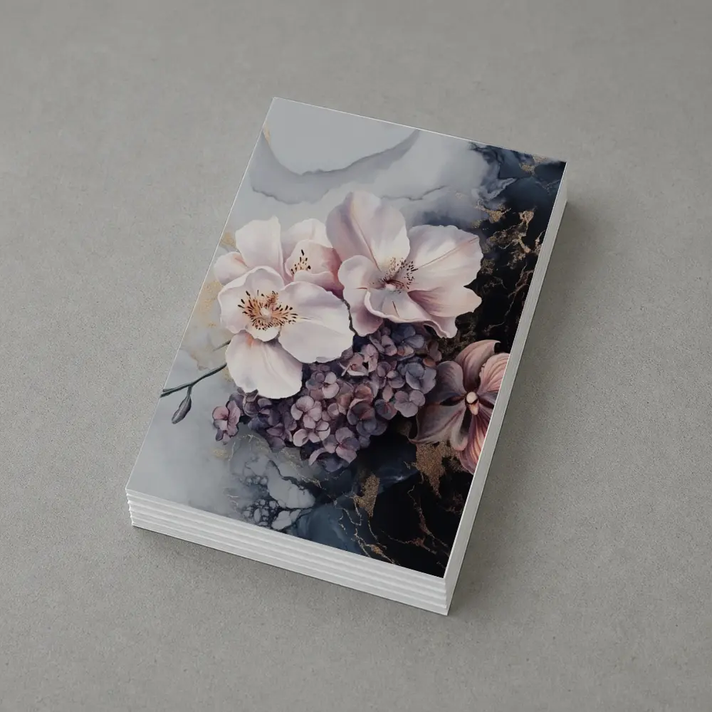 Pink Orchids Hydrangeas Dark Marble Gold Background – Postcards