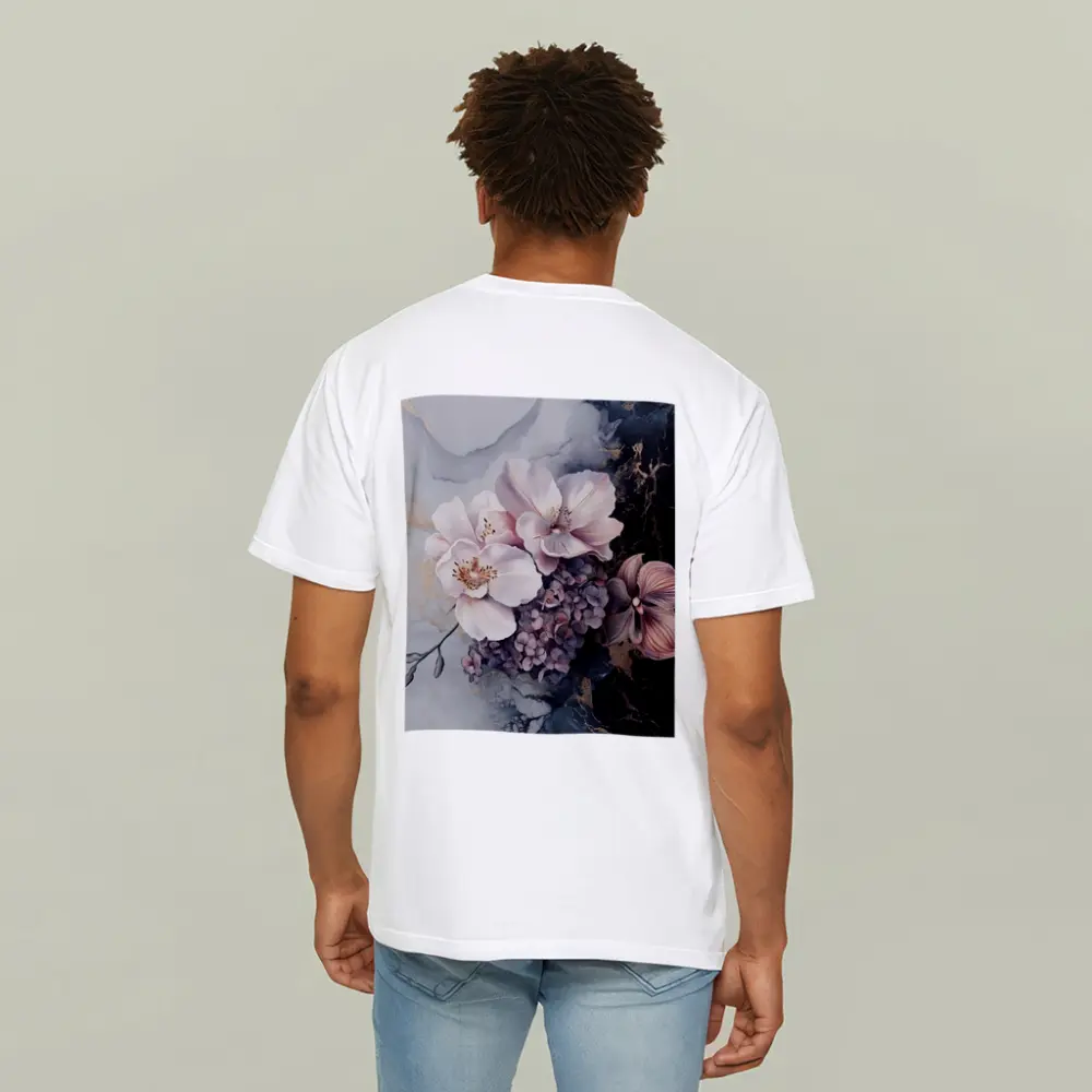 Pink Orchids Hydrangeas Dark Marble Gold Background – T-Shirts