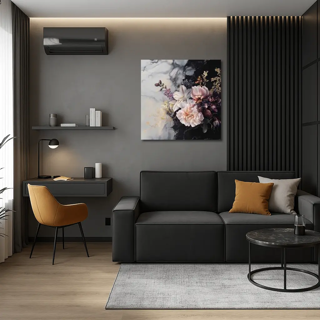 Peonies and Lilies on Dark Marble – Wall Art