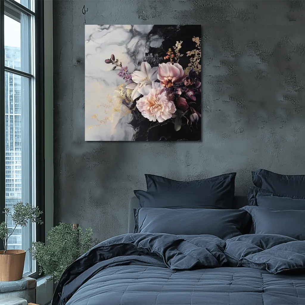 Peonies and Lilies on Dark Marble – Wall Art