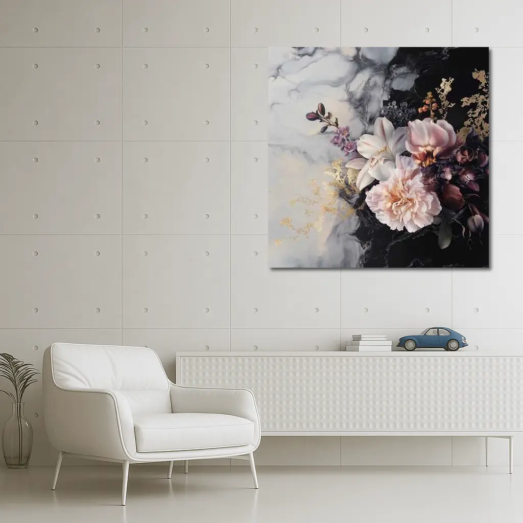 Peonies and Lilies on Dark Marble – Wall Art