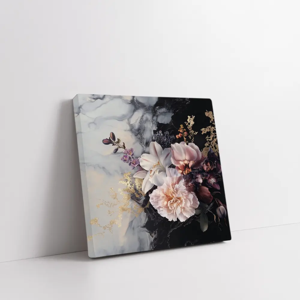 Peonies and Lilies on Dark Marble – Wall Art