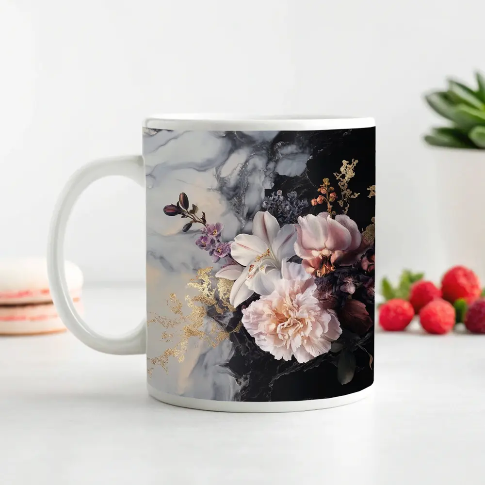 Peonies and Lilies on Dark Marble – Mugs