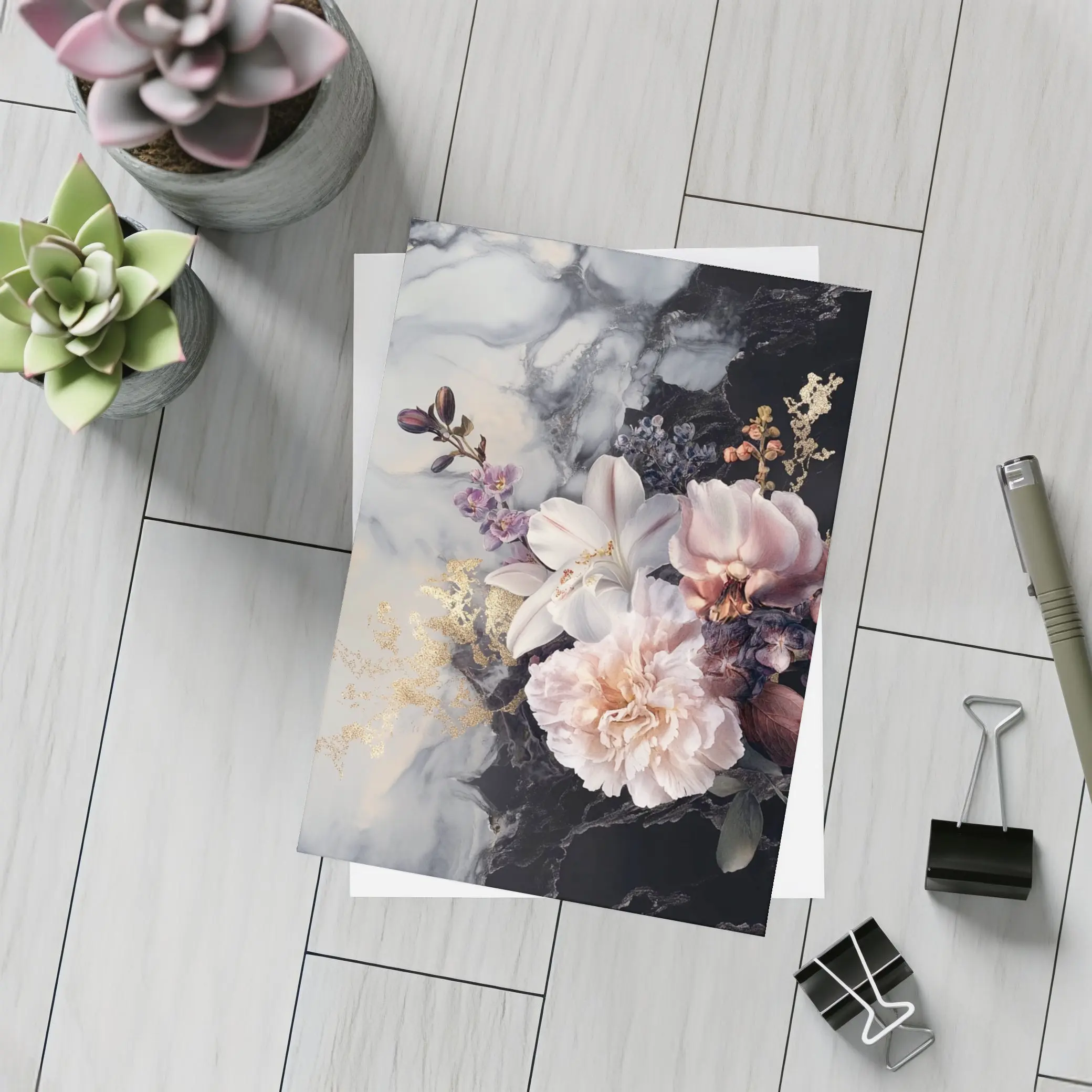 Peonies and Lilies on Dark Marble – Postcards