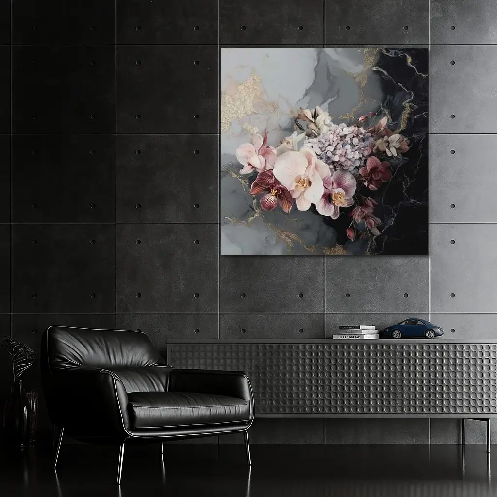 Orchid Hydrangea Bouquet Dark Marble Gold – Wall Art