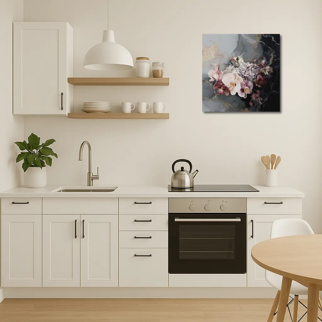 Orchid Hydrangea Bouquet Dark Marble Gold – Wall Art