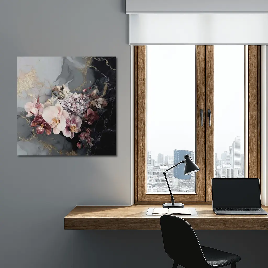 Orchid Hydrangea Bouquet Dark Marble Gold – Wall Art