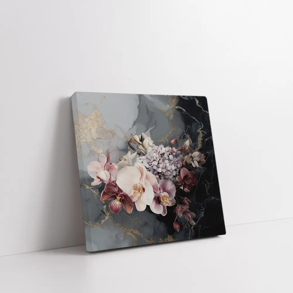 Orchid Hydrangea Bouquet Dark Marble Gold – Wall Art