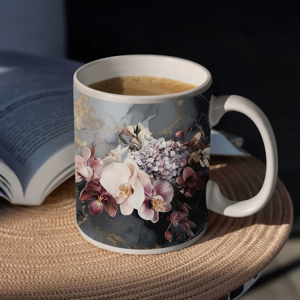 Orchid Hydrangea Bouquet Dark Marble Gold – Mugs