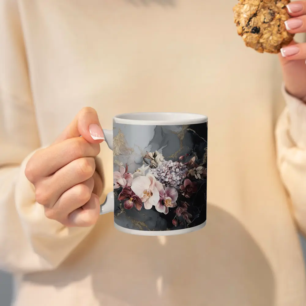 Orchid Hydrangea Bouquet Dark Marble Gold – Mugs