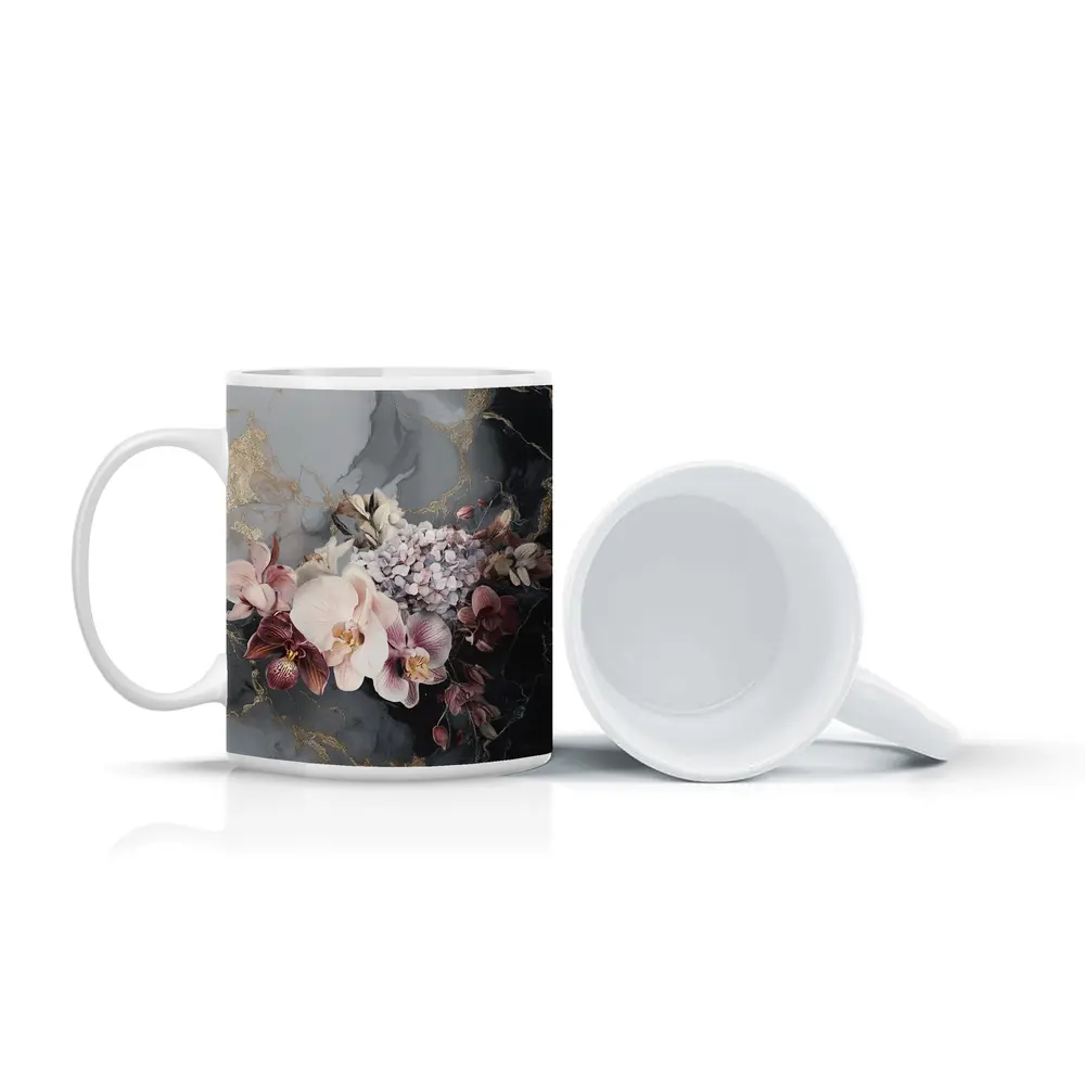 Orchid Hydrangea Bouquet Dark Marble Gold – Mugs