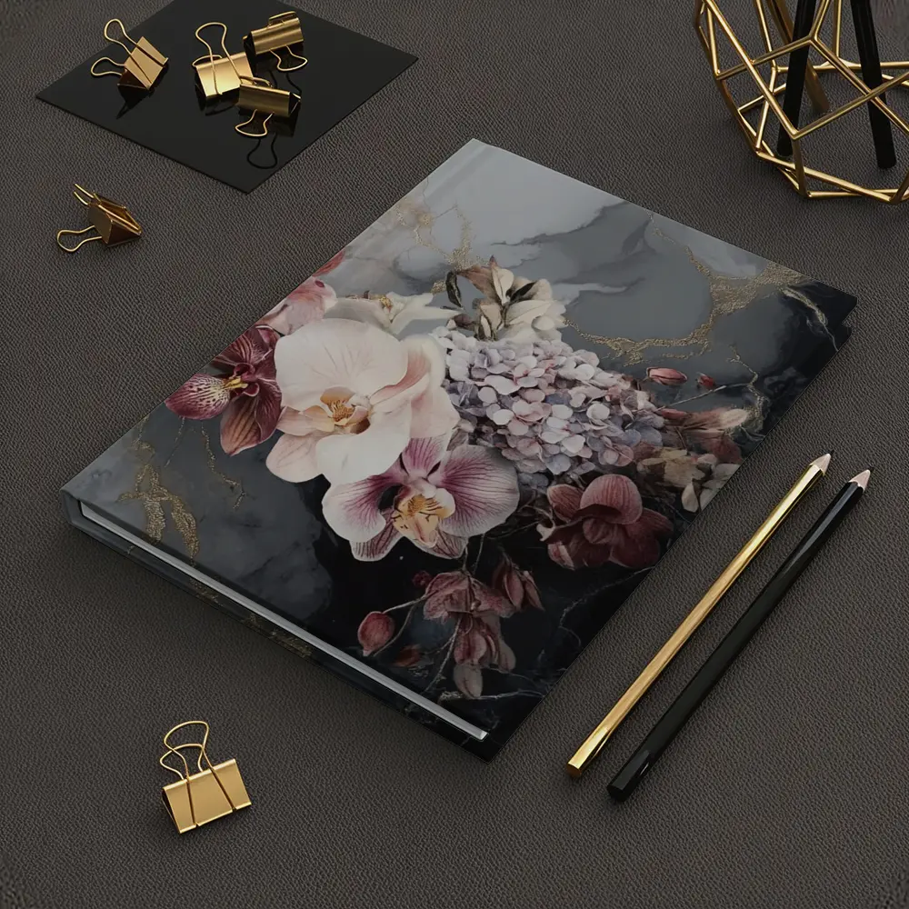 Orchid Hydrangea Bouquet Dark Marble Gold – Notebooks