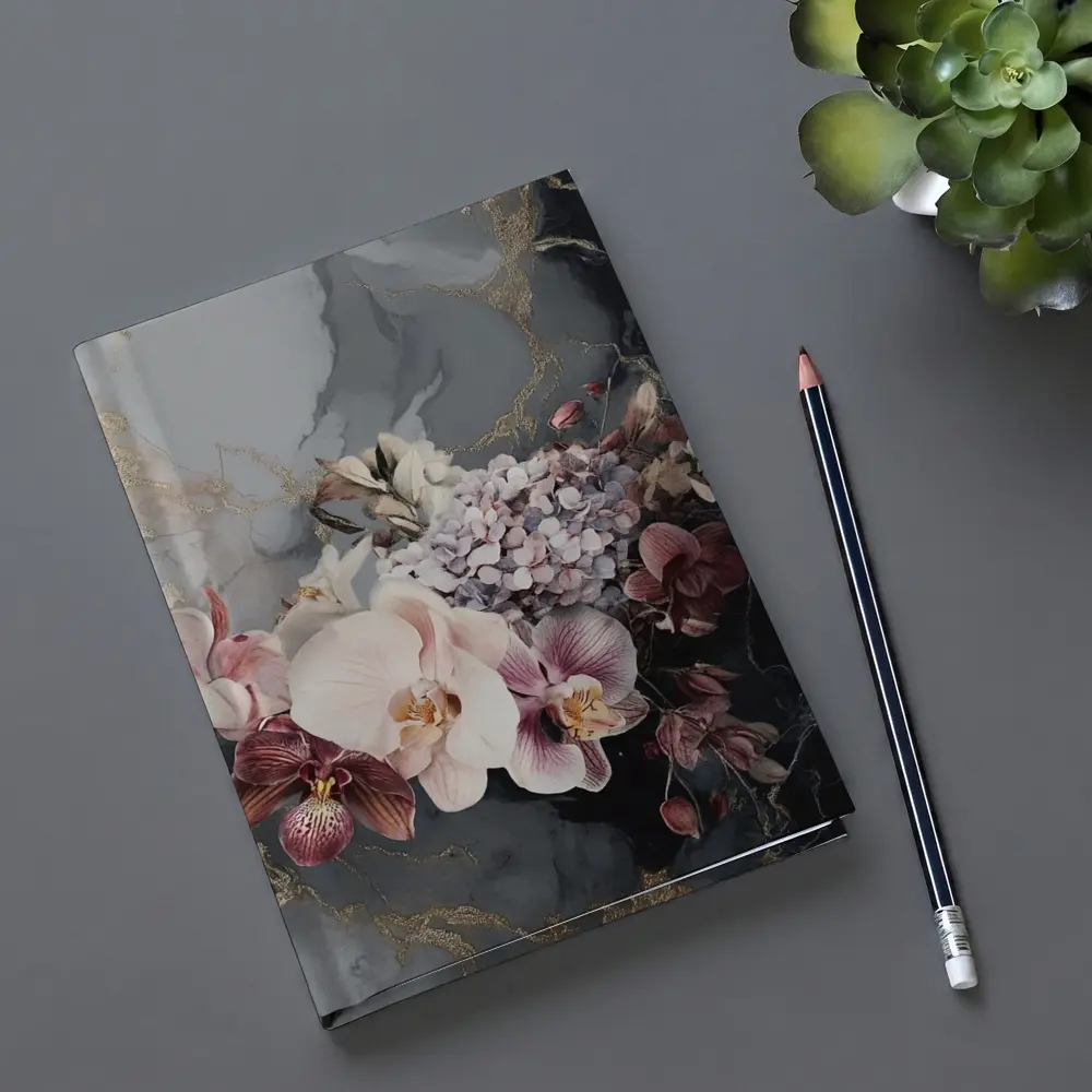 Orchid Hydrangea Bouquet Dark Marble Gold – Notebooks