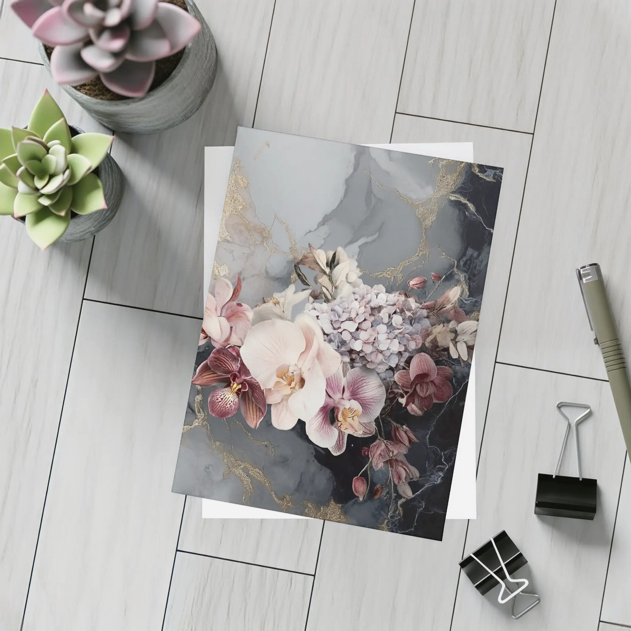 Orchid Hydrangea Bouquet Dark Marble Gold – Postcards