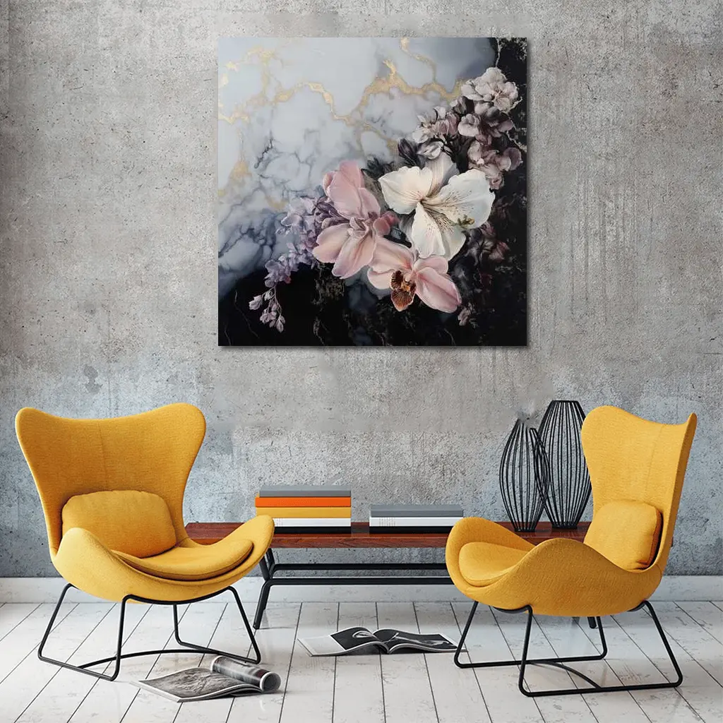 Orchids and Florals on Marble Gold – Wall Art