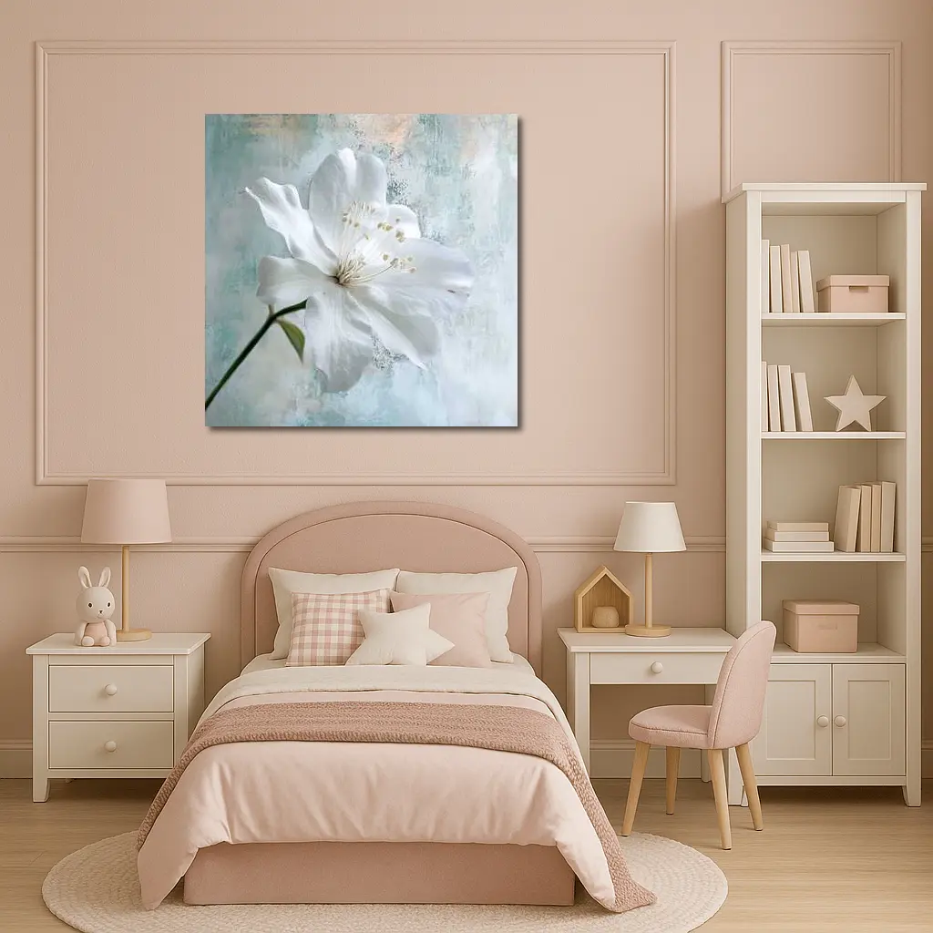 White Clematis Flower Teal Textured Background – Wall Art