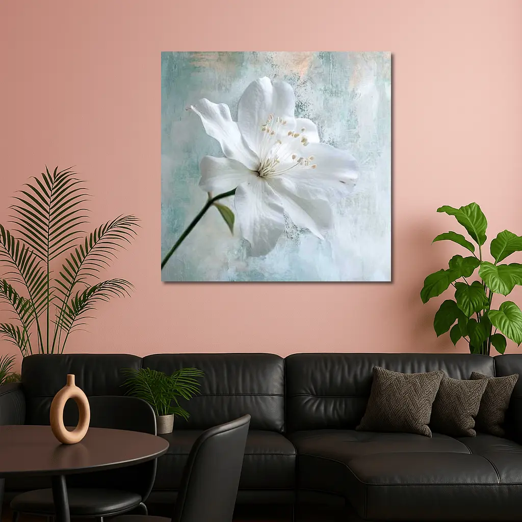 White Clematis Flower Teal Textured Background – Wall Art