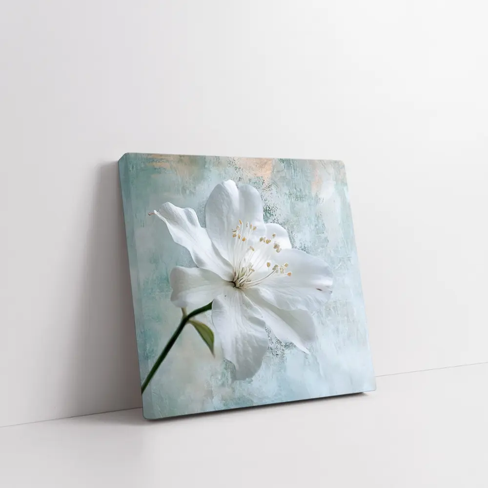 White Clematis Flower Teal Textured Background – Wall Art