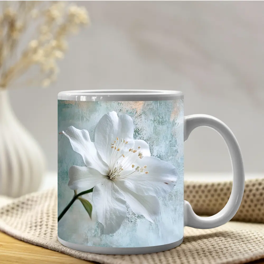 White Clematis Flower Teal Textured Background – Mugs