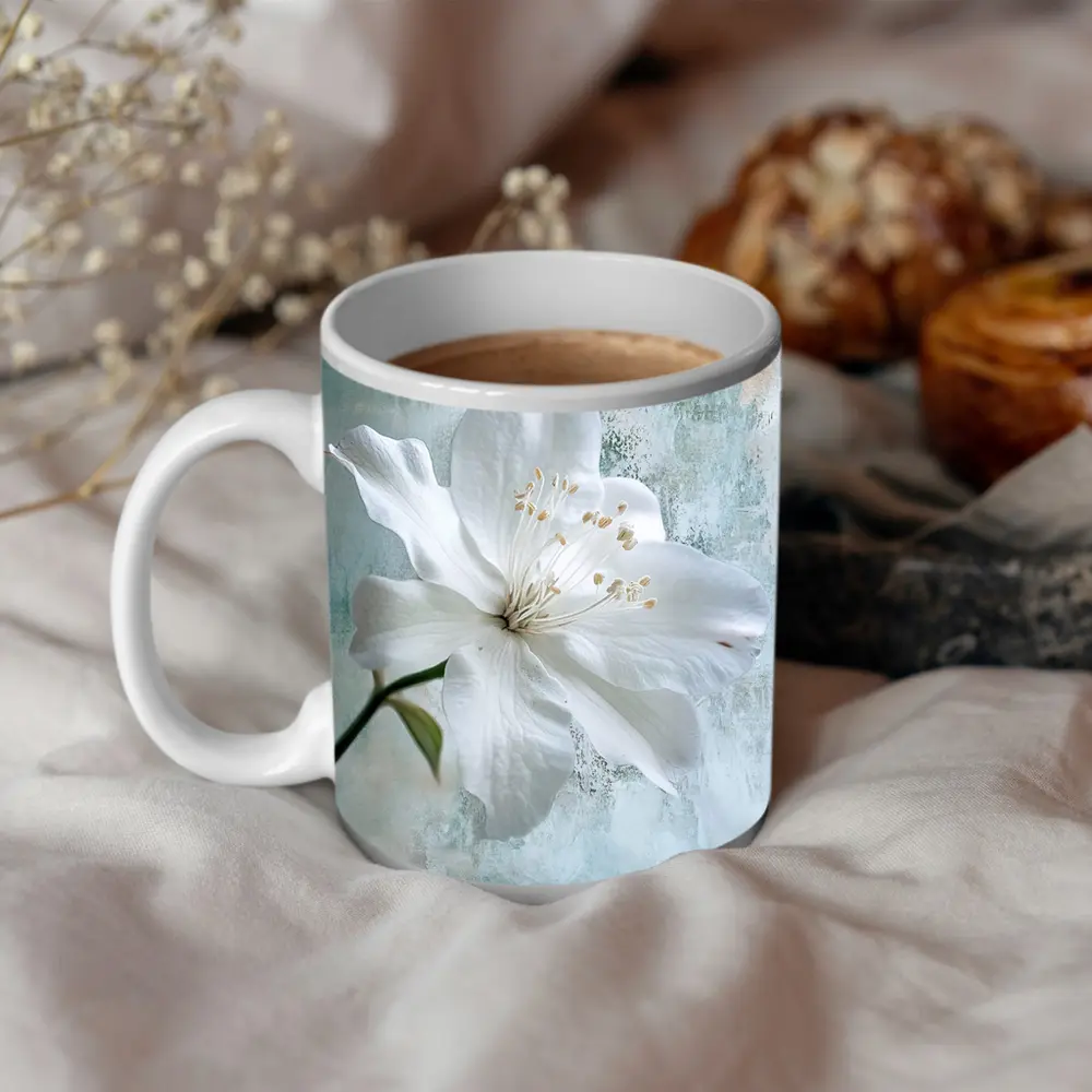 White Clematis Flower Teal Textured Background – Mugs