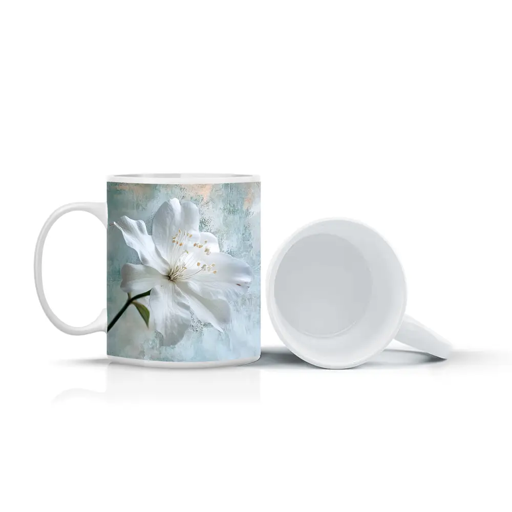 White Clematis Flower Teal Textured Background – Mugs