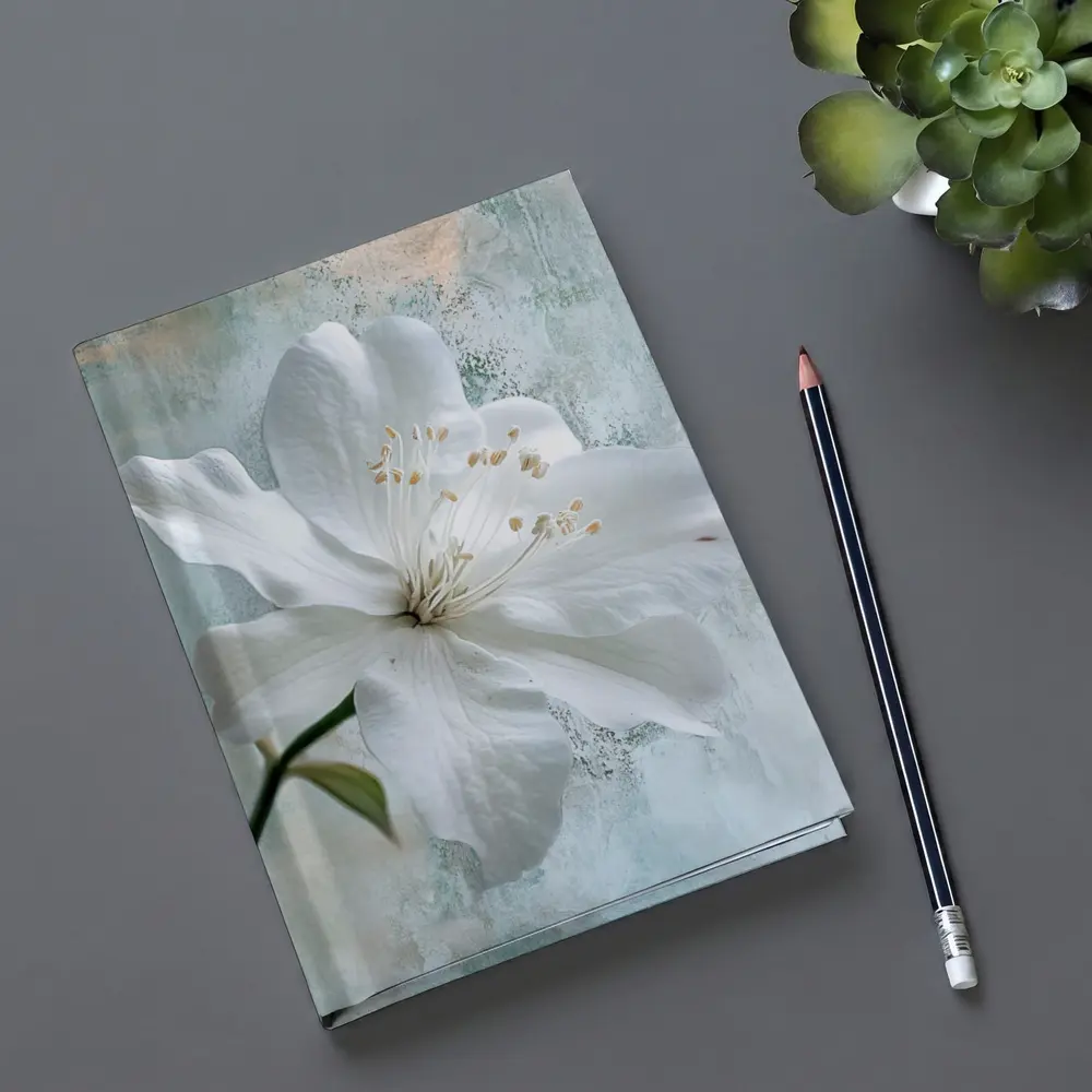 White Clematis Flower Teal Textured Background – Notebooks