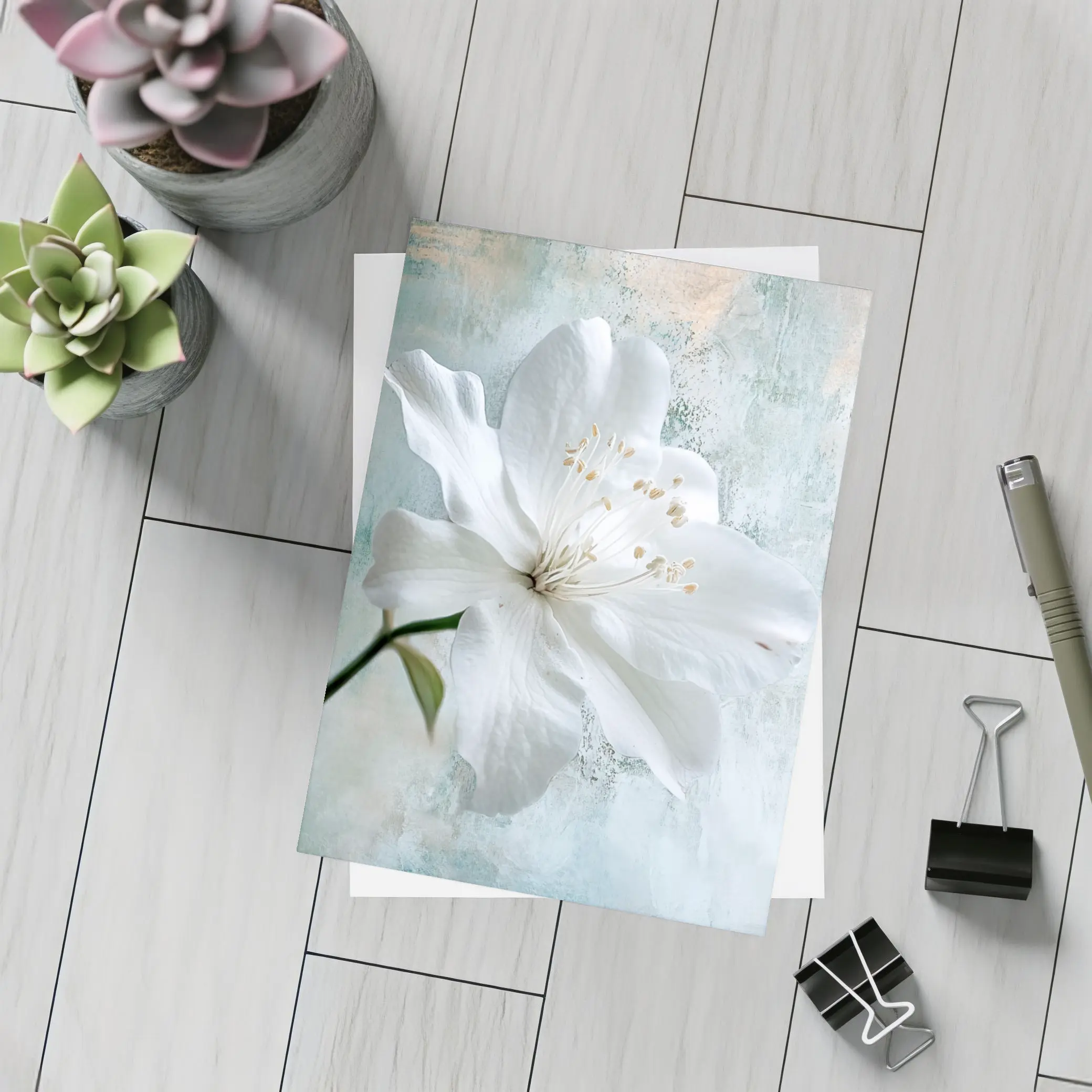 White Clematis Flower Teal Textured Background – Postcards