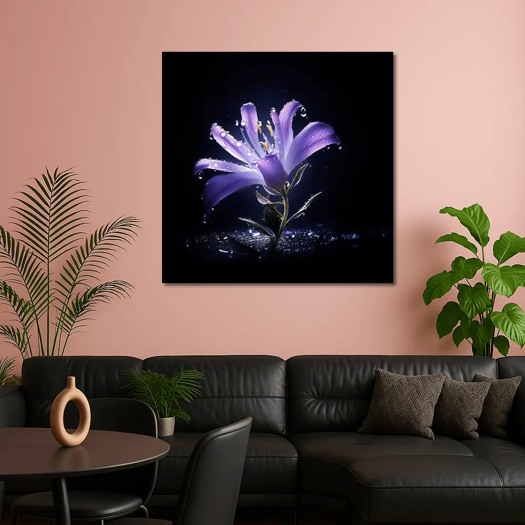 Purple Lily Flower Dark Black Background – Wall Art