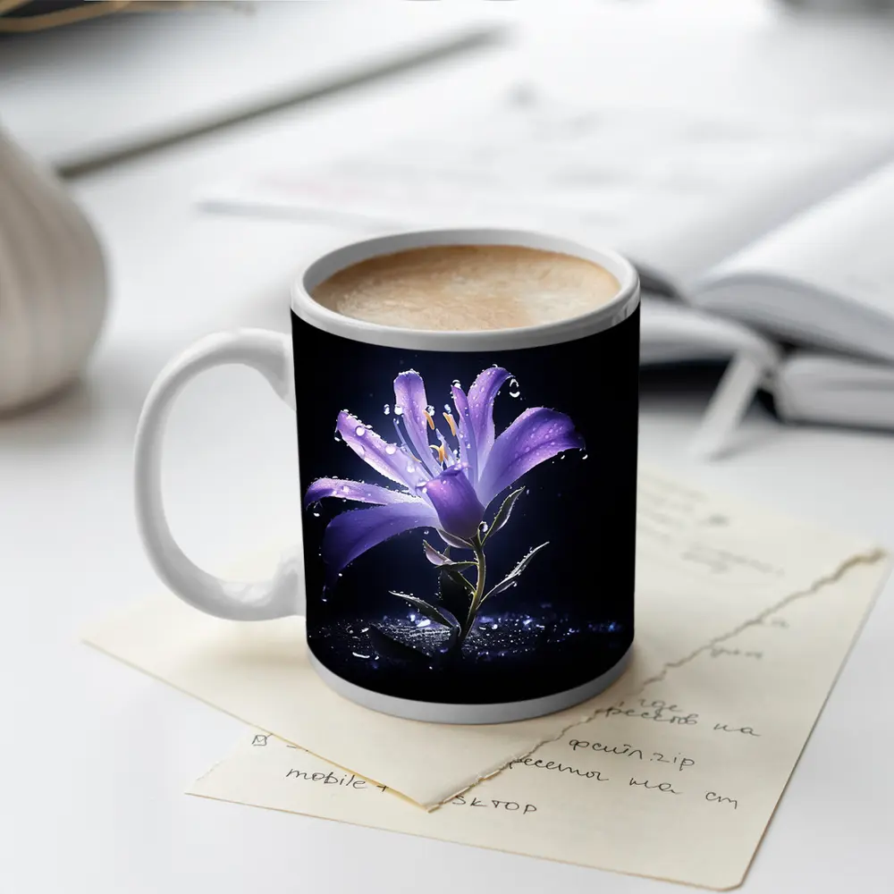 Purple Lily Flower Dark Black Background – Mugs