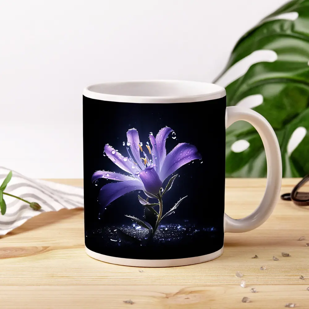 Purple Lily Flower Dark Black Background – Mugs